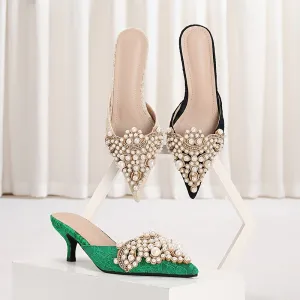 Chic Pearl-Embellished Women's Kitten Heels - Elegant Pointed Toe, Glitter Moire Summer Wedding Pumps