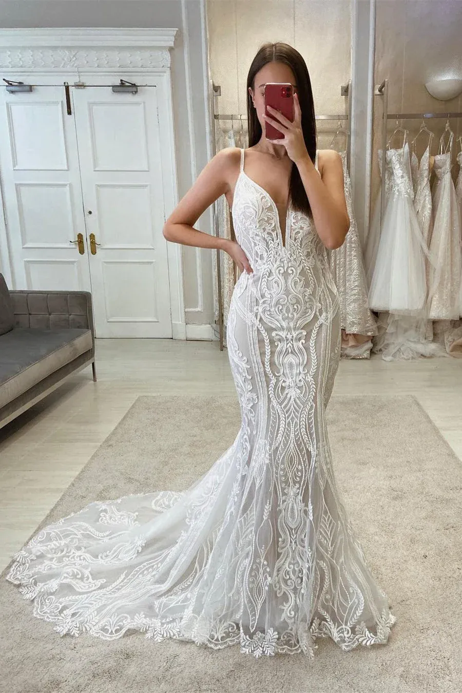 Chic Spaghetti Straps Boho Lace Long Wedding Dress