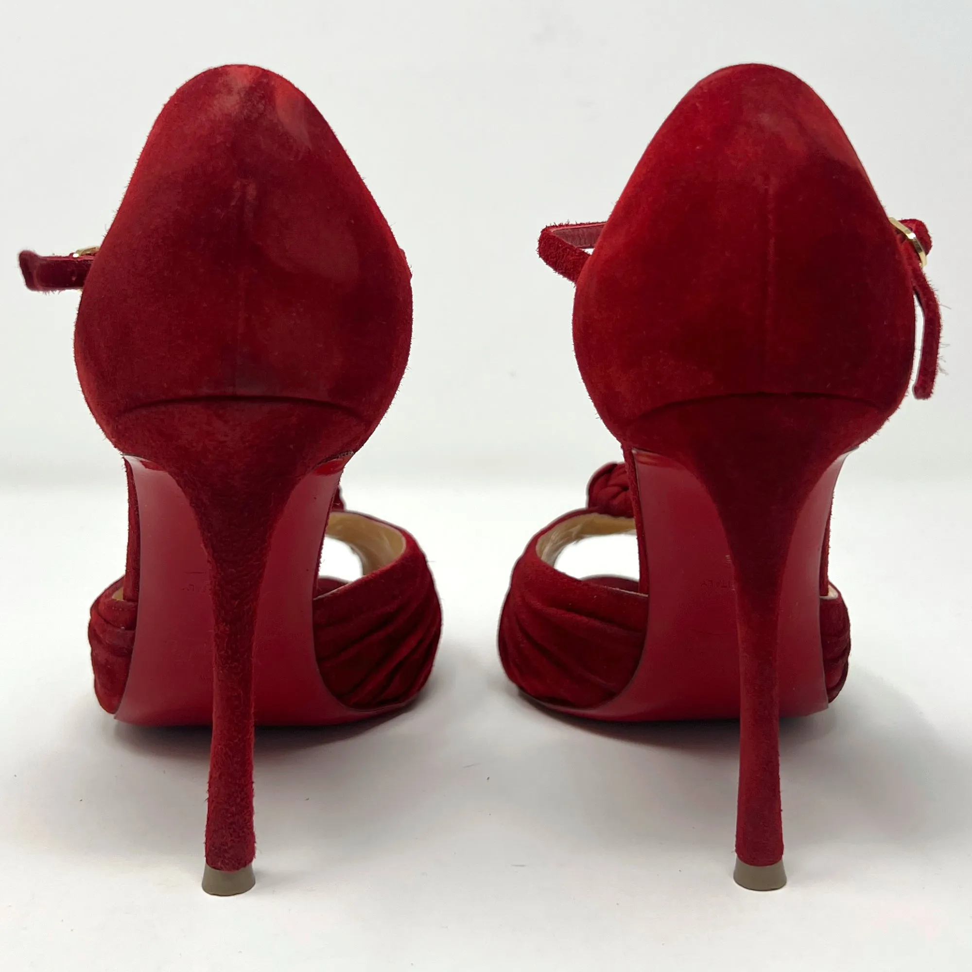 Christian Louboutin Marchavekel Red Suede Knot Peep Toe Ankle Strap Pumps Size EU 36