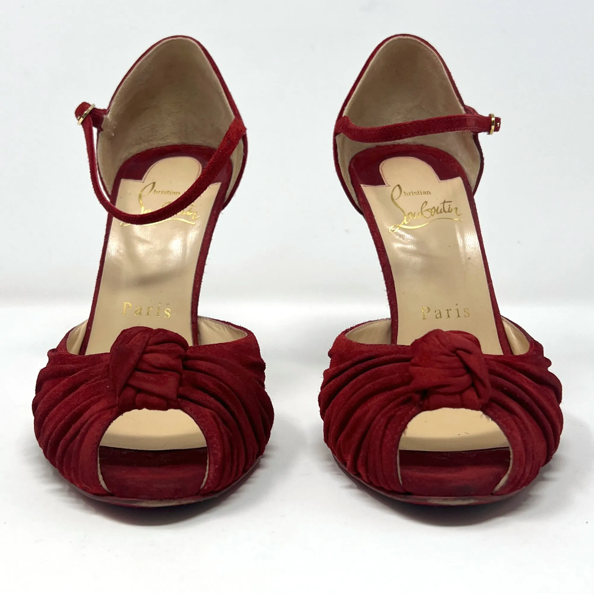 Christian Louboutin Marchavekel Red Suede Knot Peep Toe Ankle Strap Pumps Size EU 36
