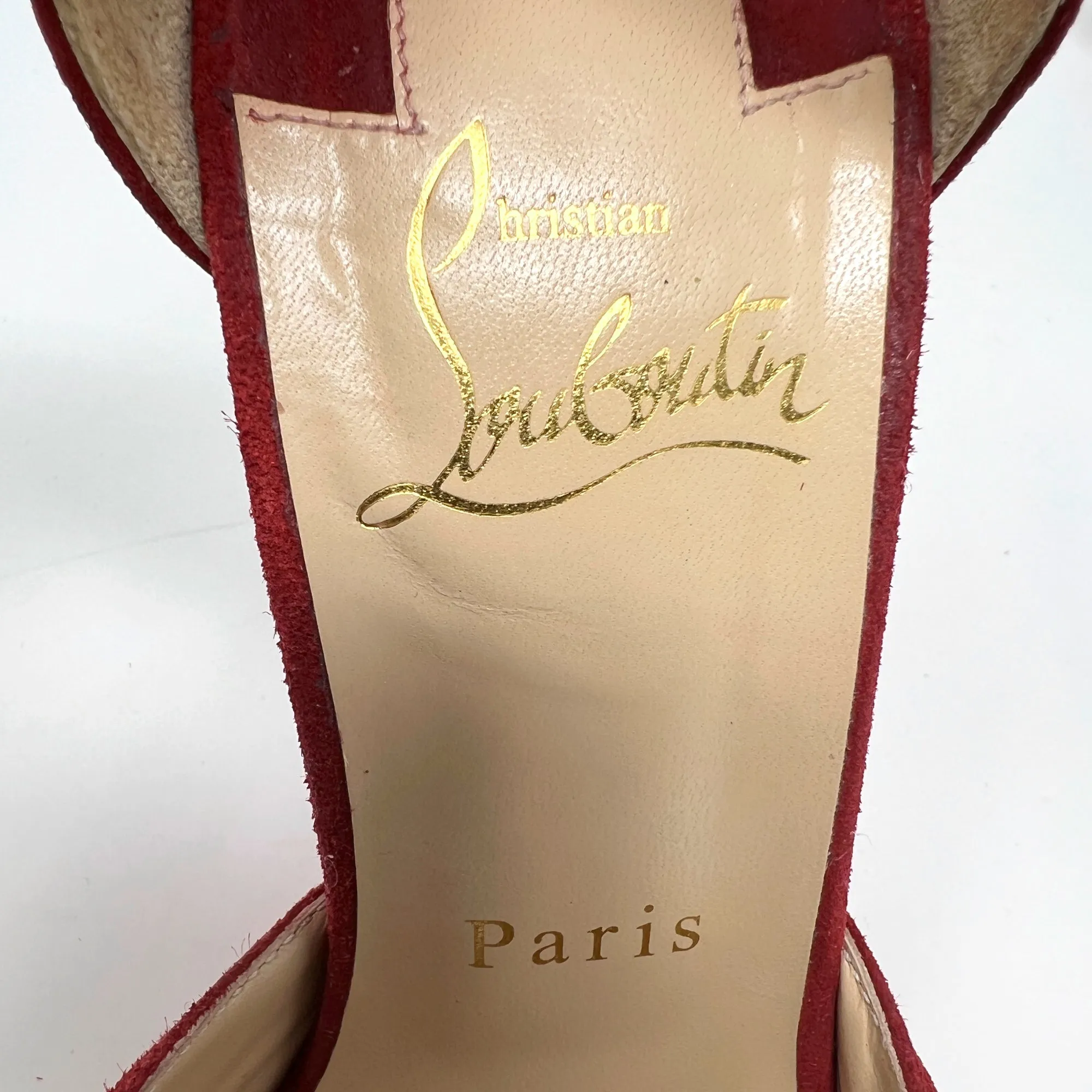 Christian Louboutin Marchavekel Red Suede Knot Peep Toe Ankle Strap Pumps Size EU 36