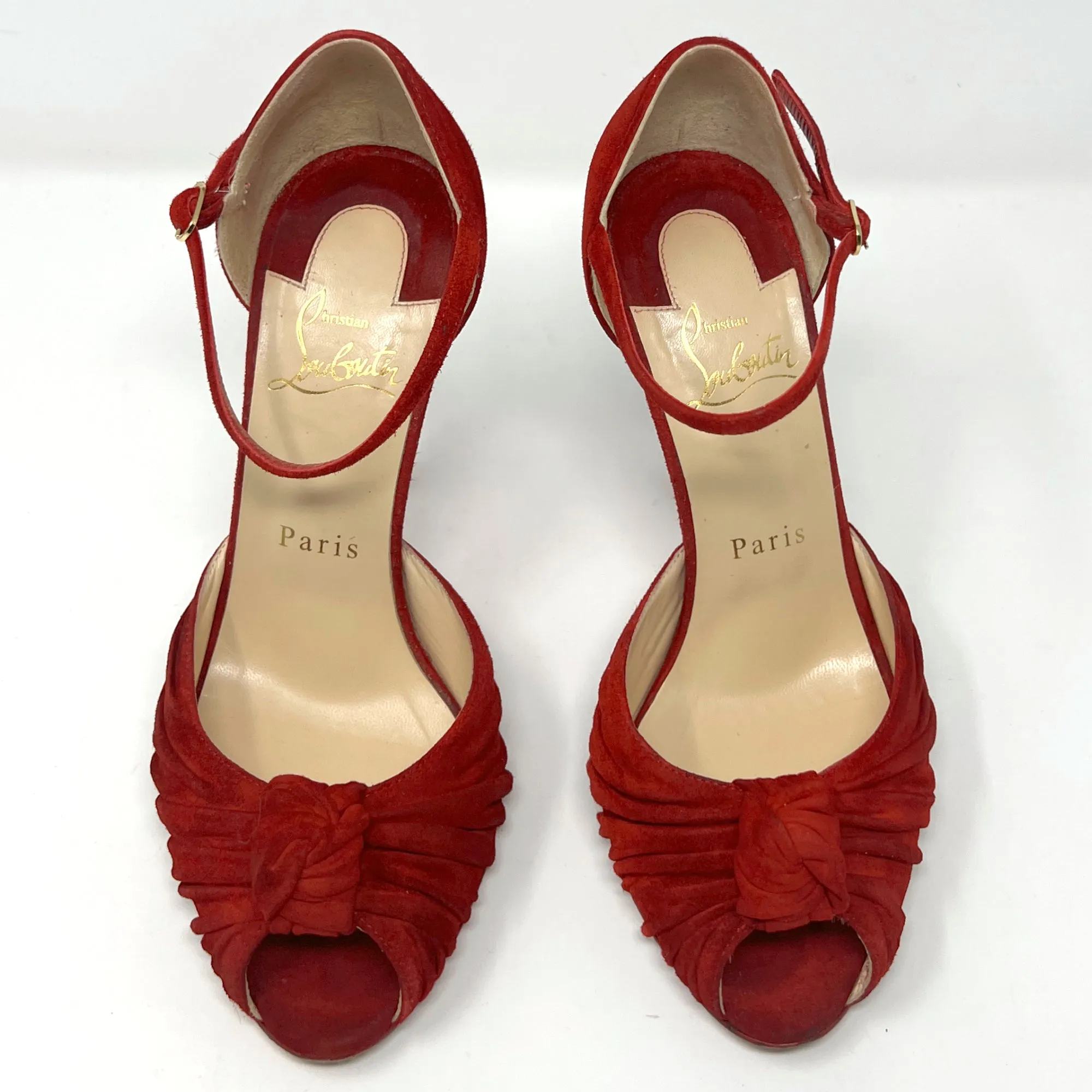 Christian Louboutin Marchavekel Red Suede Knot Peep Toe Ankle Strap Pumps Size EU 36