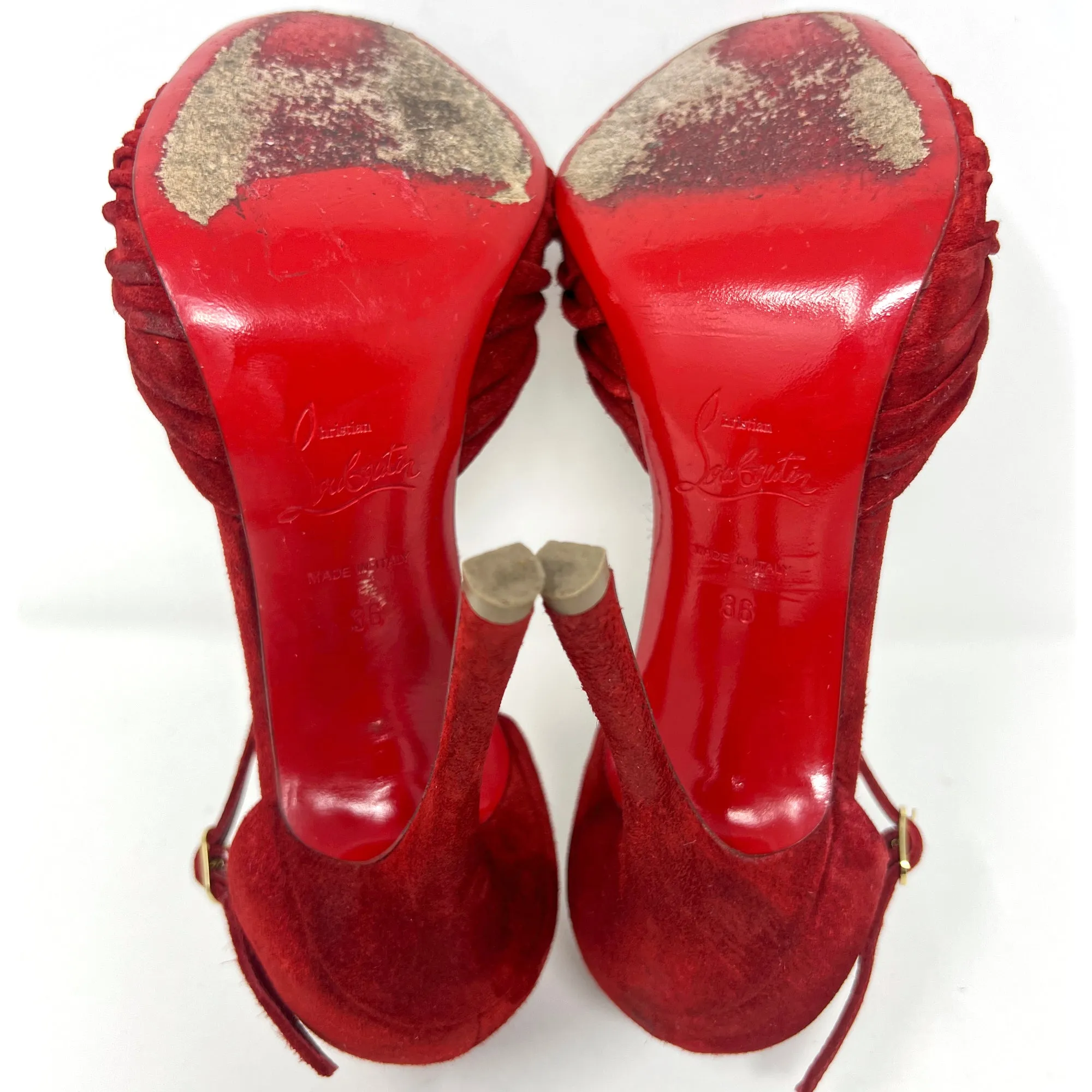 Christian Louboutin Marchavekel Red Suede Knot Peep Toe Ankle Strap Pumps Size EU 36
