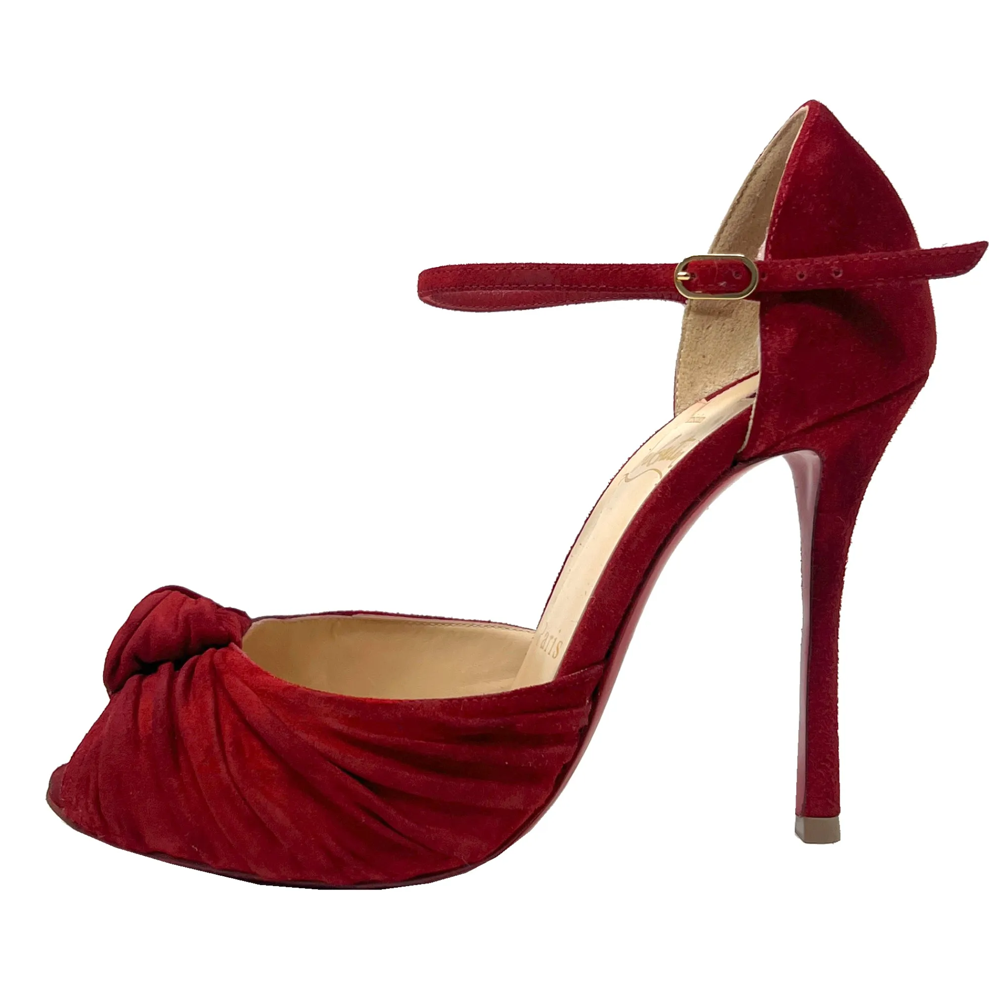 Christian Louboutin Marchavekel Red Suede Knot Peep Toe Ankle Strap Pumps Size EU 36