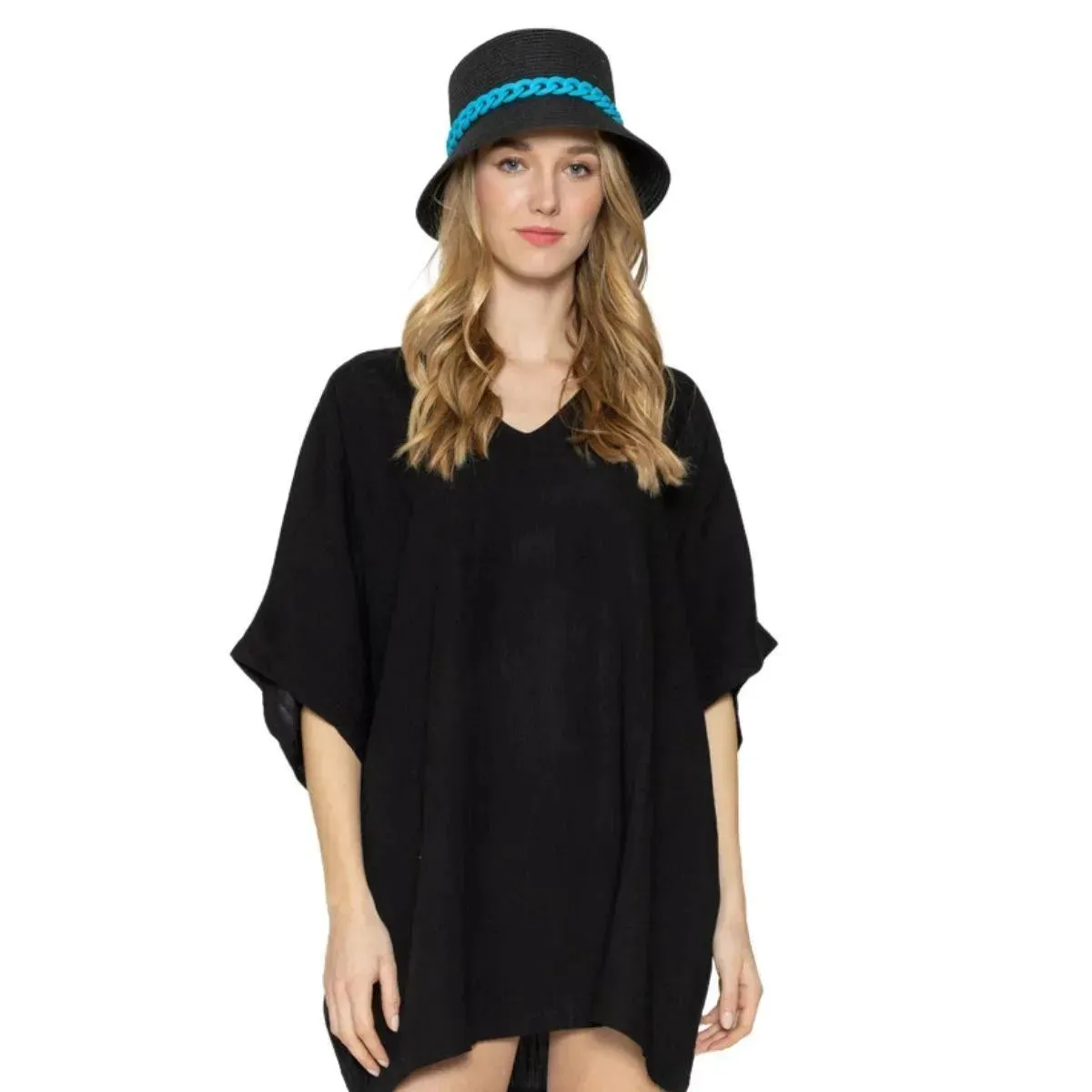 Classic Black Bucket Hat Blue Chain Detail