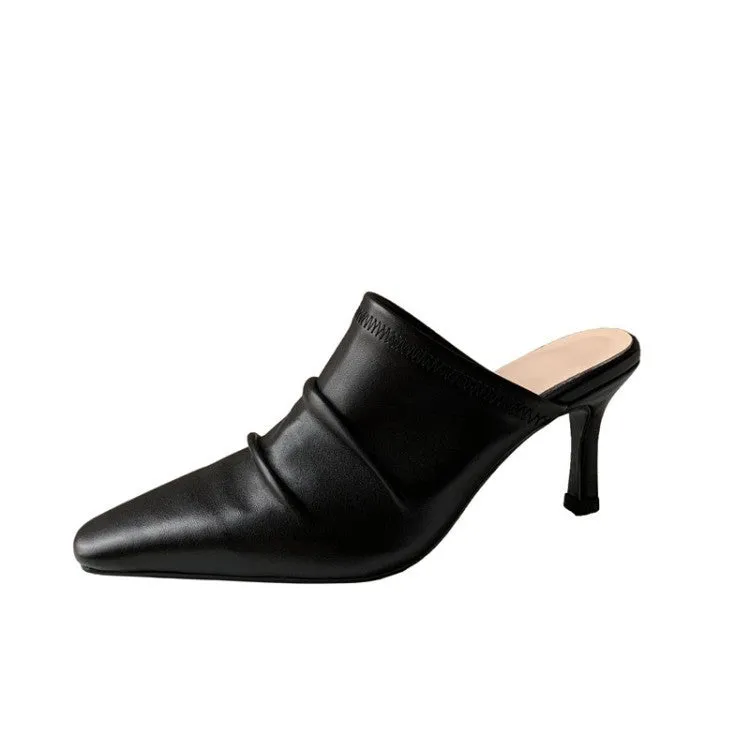 Cowhide Closed Toe Pleated Thin Heel Shoes