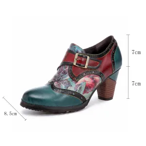 CrazycatZ Leather Pumps,Womens Colorful Vintage Block Heel Oxford Vintage Shoes Pumps Green