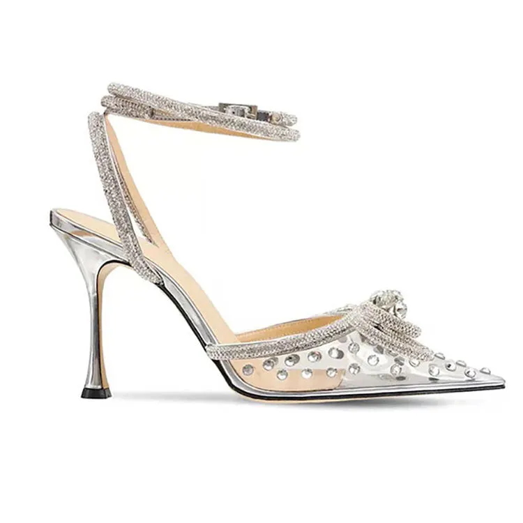 Crystals Bows PVC Metal Slingback Heels