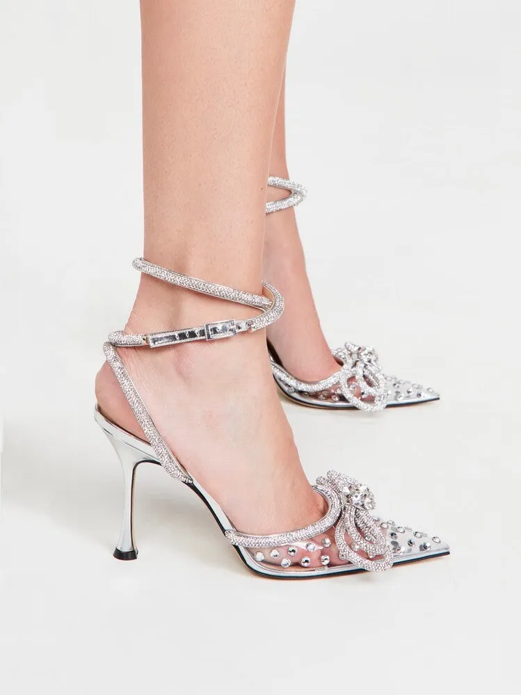 Crystals Bows PVC Metal Slingback Heels