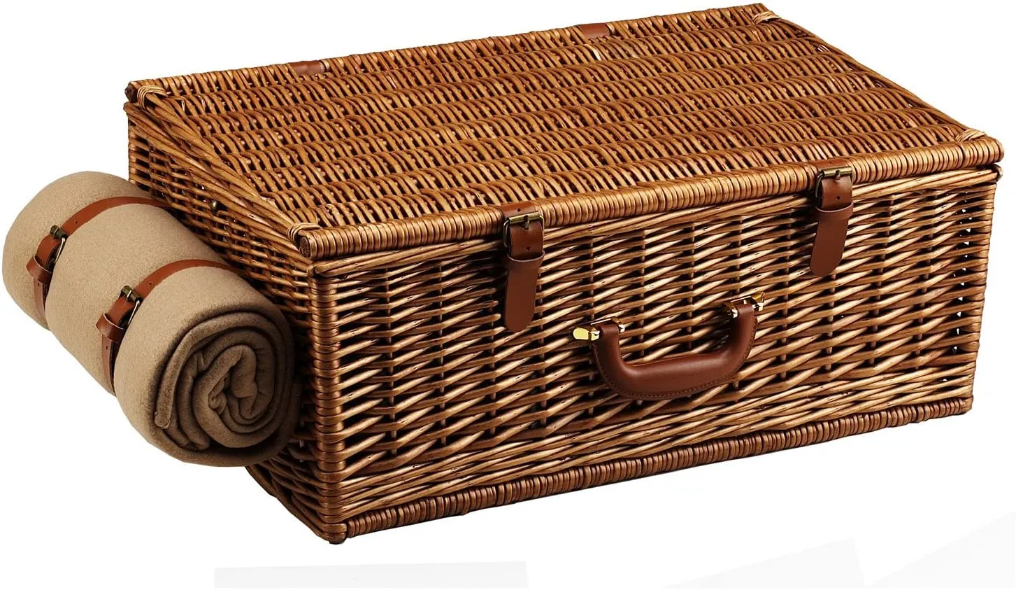 (D) Dorset Basket for 4 Picnic Backpack Bag, with Coffee Set and Blanket (Green Stripes)