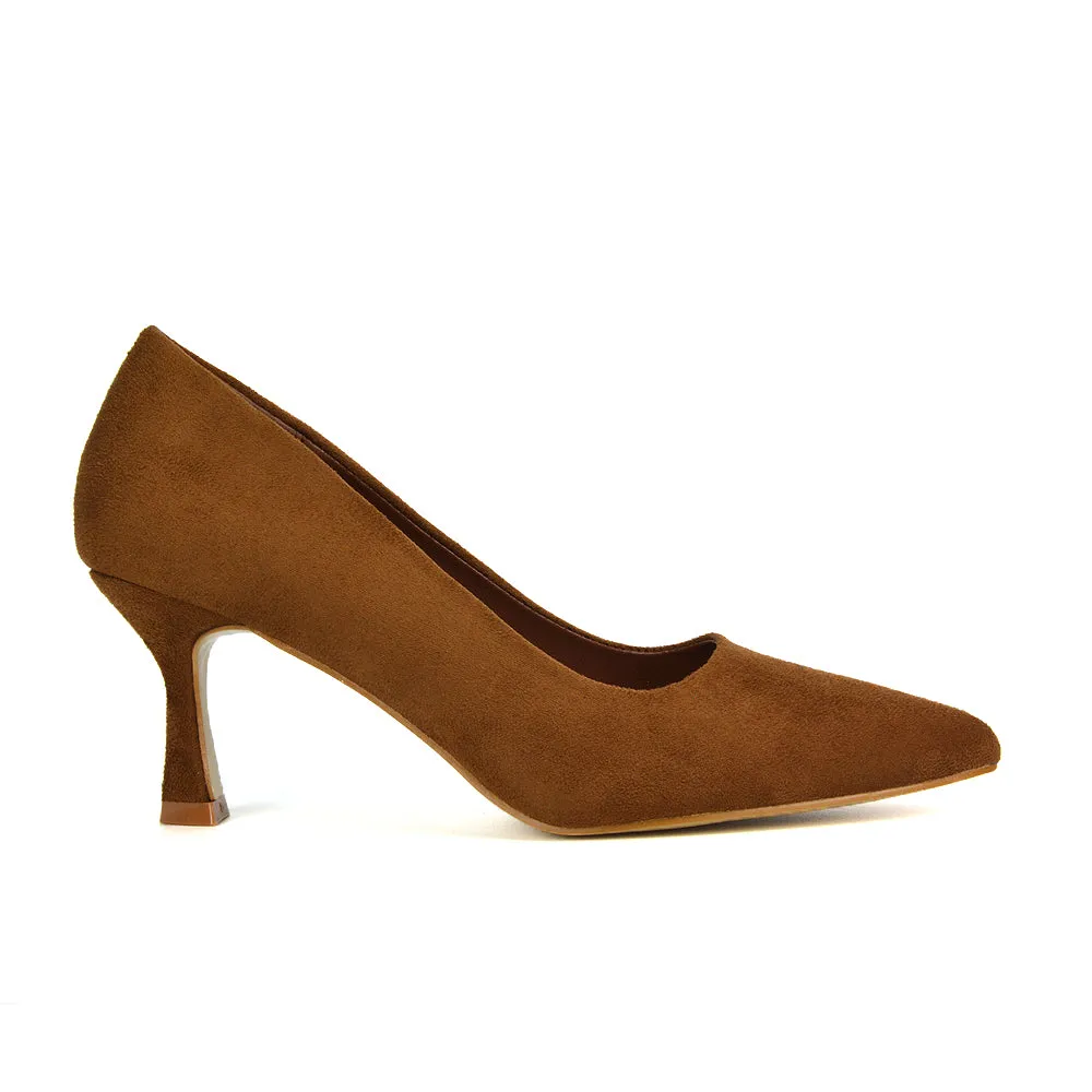 Darla Pointed Toe Mid Stiletto Heel Slip On Court Shoes in Brown Faux Suede