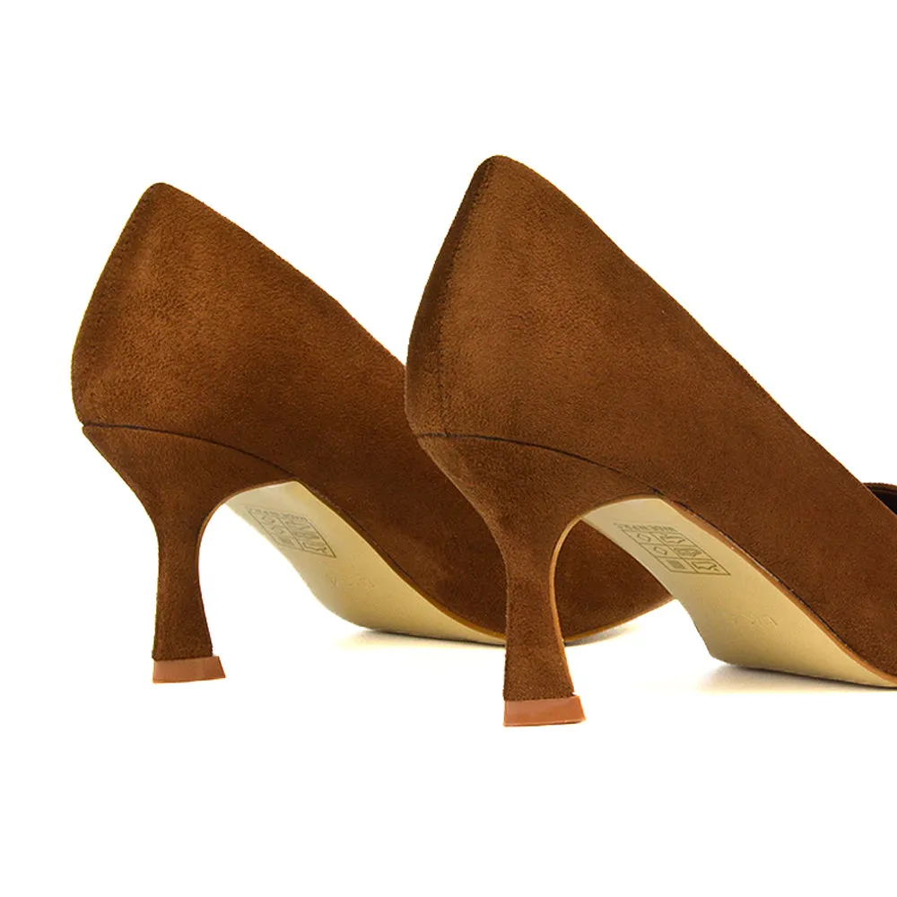 Darla Pointed Toe Mid Stiletto Heel Slip On Court Shoes in Brown Faux Suede