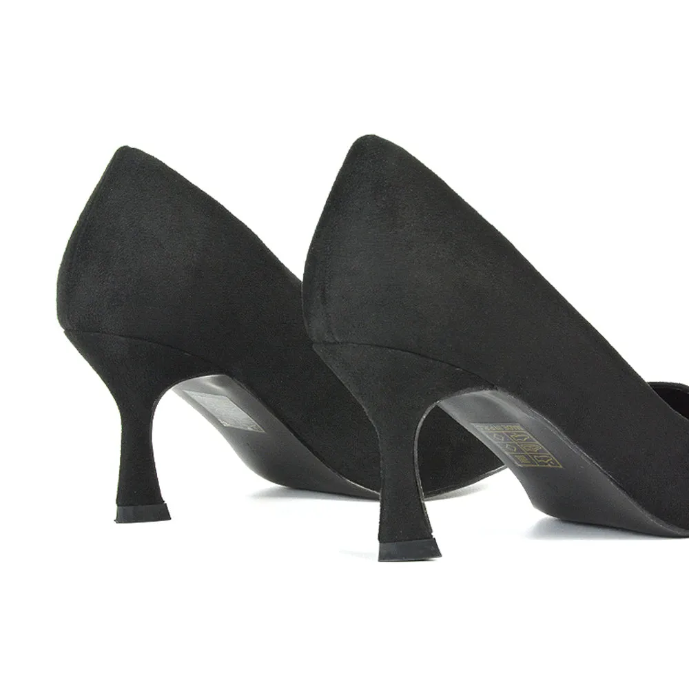 Darla Pointed Toe Mid Stiletto Heel Slip On Court Shoes in Brown Faux Suede
