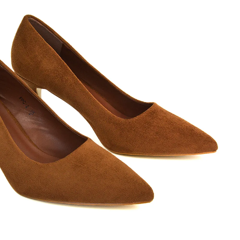 Darla Pointed Toe Mid Stiletto Heel Slip On Court Shoes in Brown Faux Suede