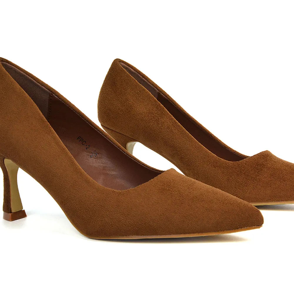 Darla Pointed Toe Mid Stiletto Heel Slip On Court Shoes in Brown Faux Suede