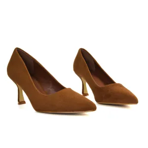 Darla Pointed Toe Mid Stiletto Heel Slip On Court Shoes in Brown Faux Suede