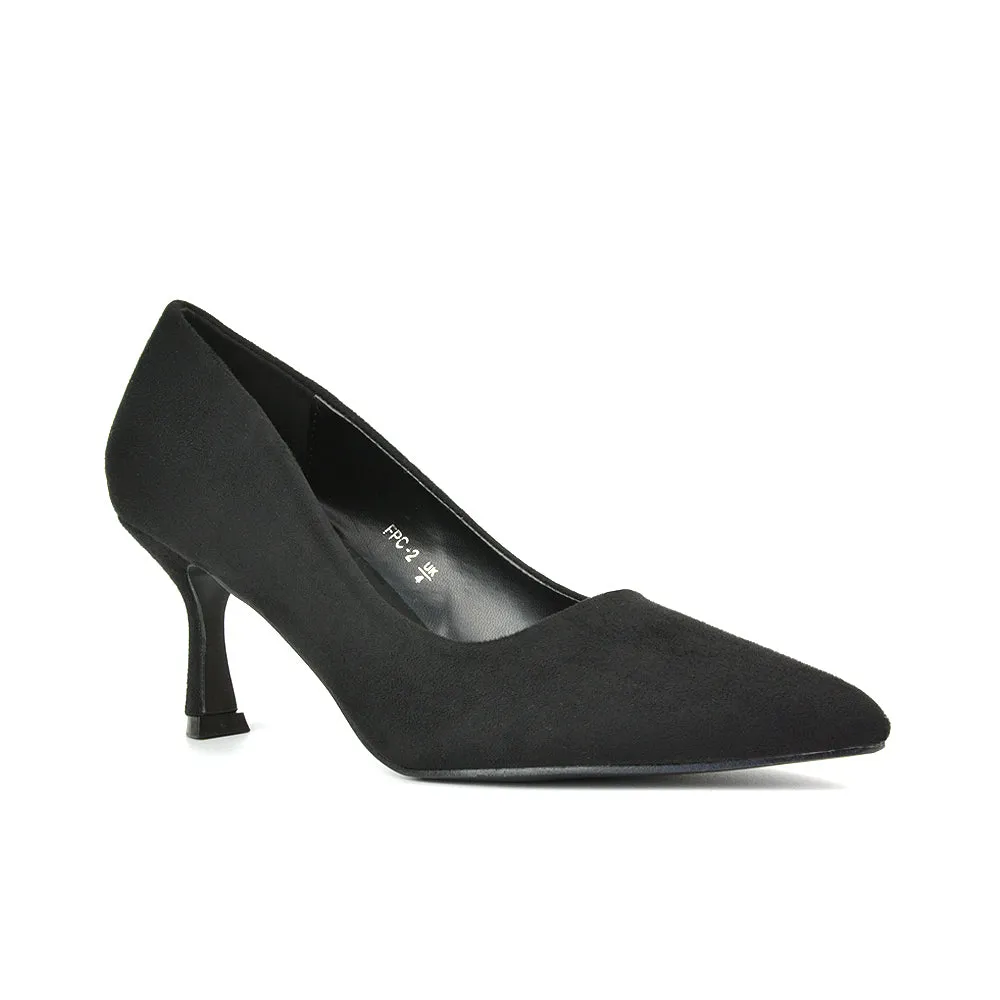 Darla Pointed Toe Mid Stiletto Heel Slip On Court Shoes in Brown Faux Suede