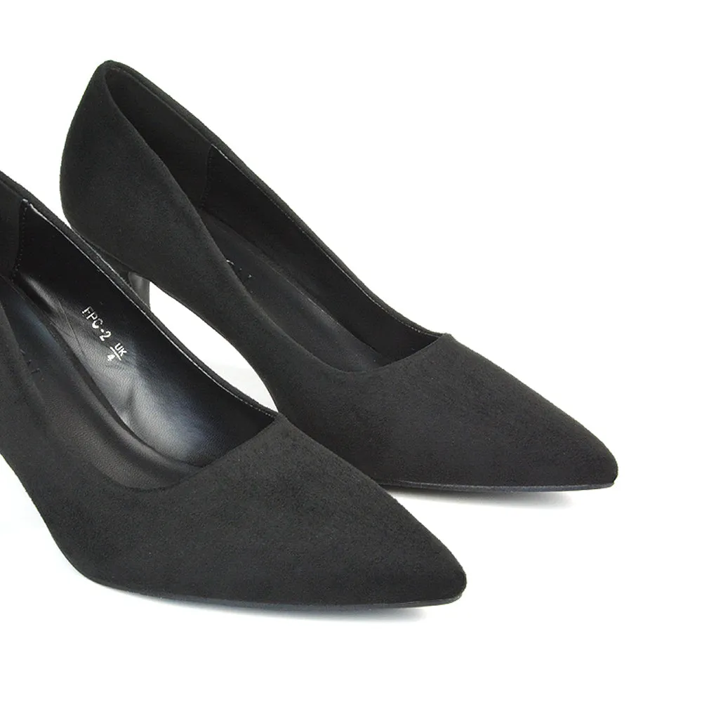 Darla Pointed Toe Mid Stiletto Heel Slip On Court Shoes in Brown Faux Suede