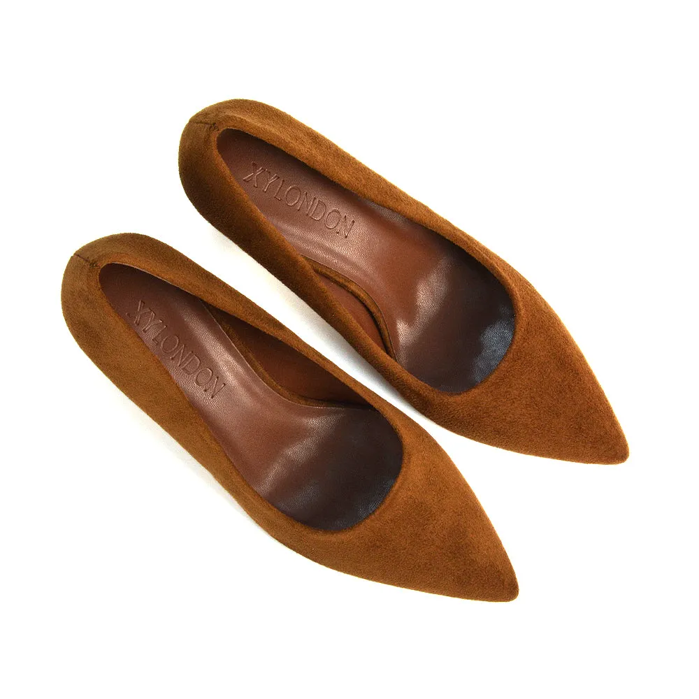 Darla Pointed Toe Mid Stiletto Heel Slip On Court Shoes in Brown Faux Suede