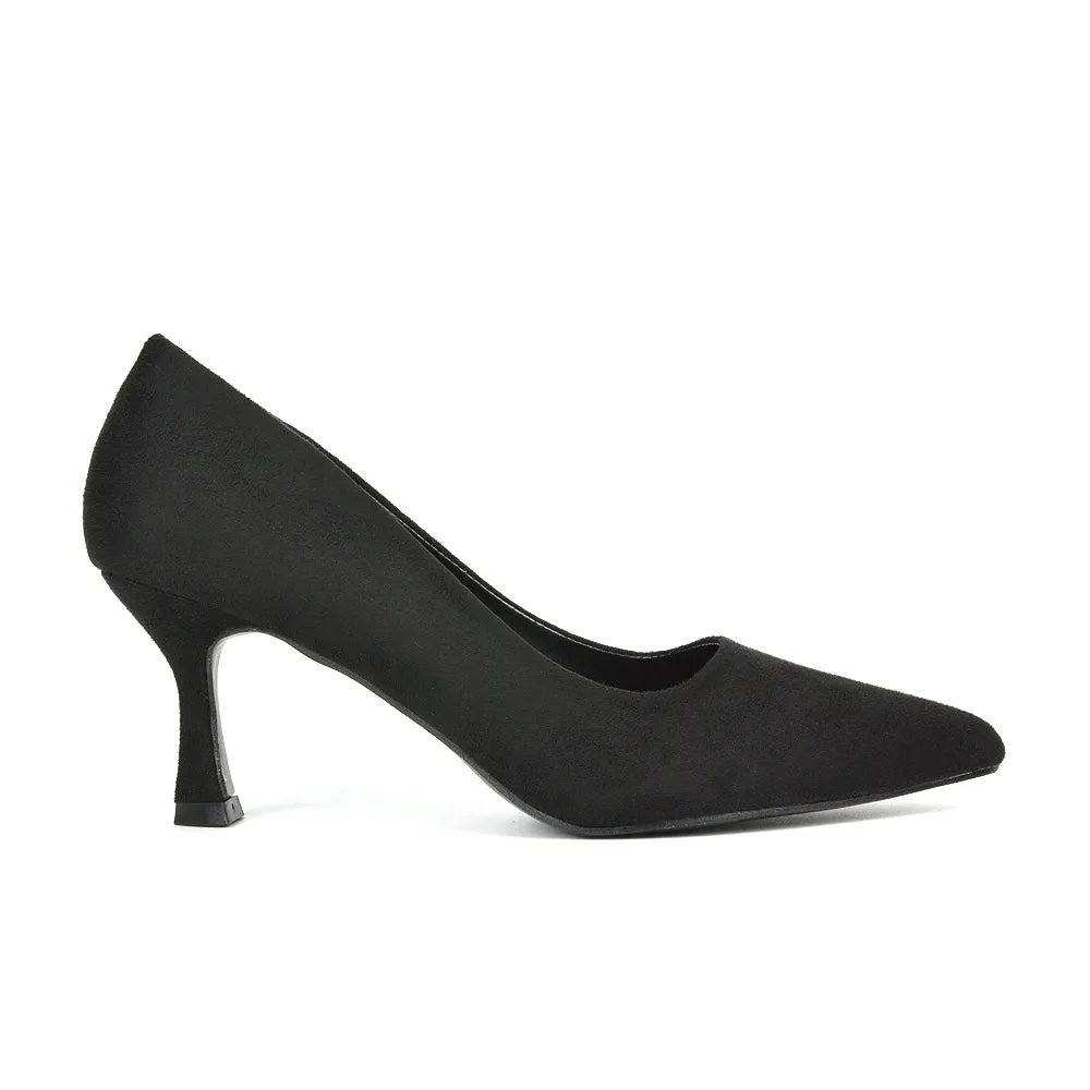 Darla Pointed Toe Mid Stiletto Heel Slip On Court Shoes in Brown Faux Suede