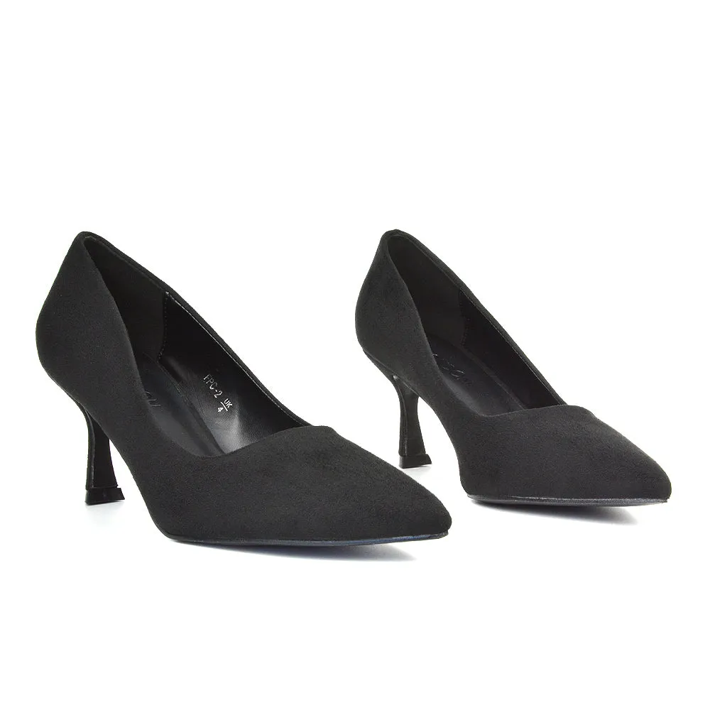 Darla Pointed Toe Mid Stiletto Heel Slip On Court Shoes in Brown Faux Suede