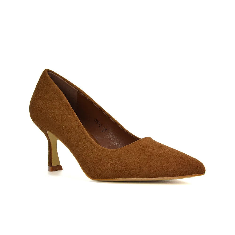Darla Pointed Toe Mid Stiletto Heel Slip On Court Shoes in Brown Faux Suede