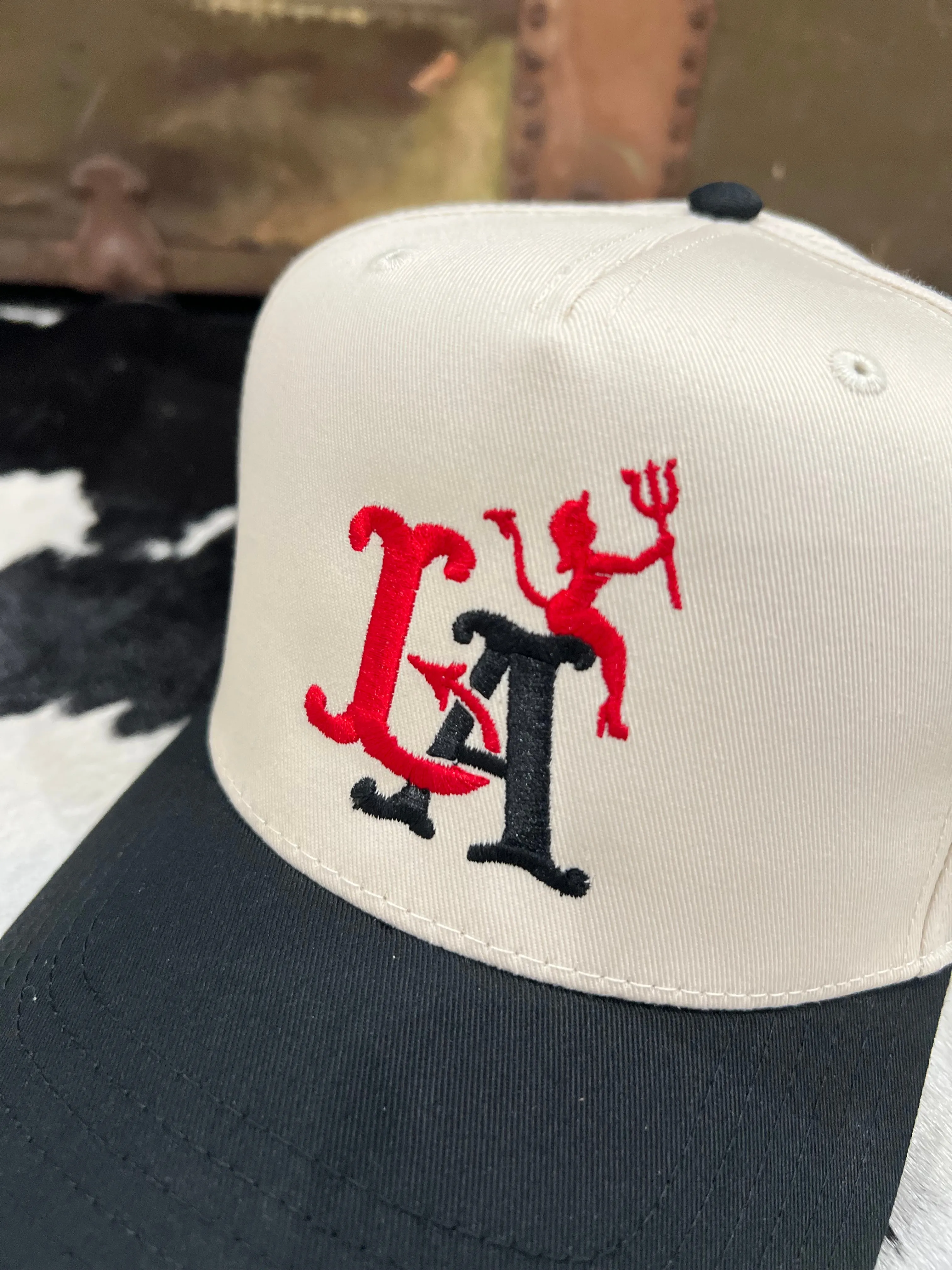 Devilish 5 Panel Snap Back Cap in Natural/Black