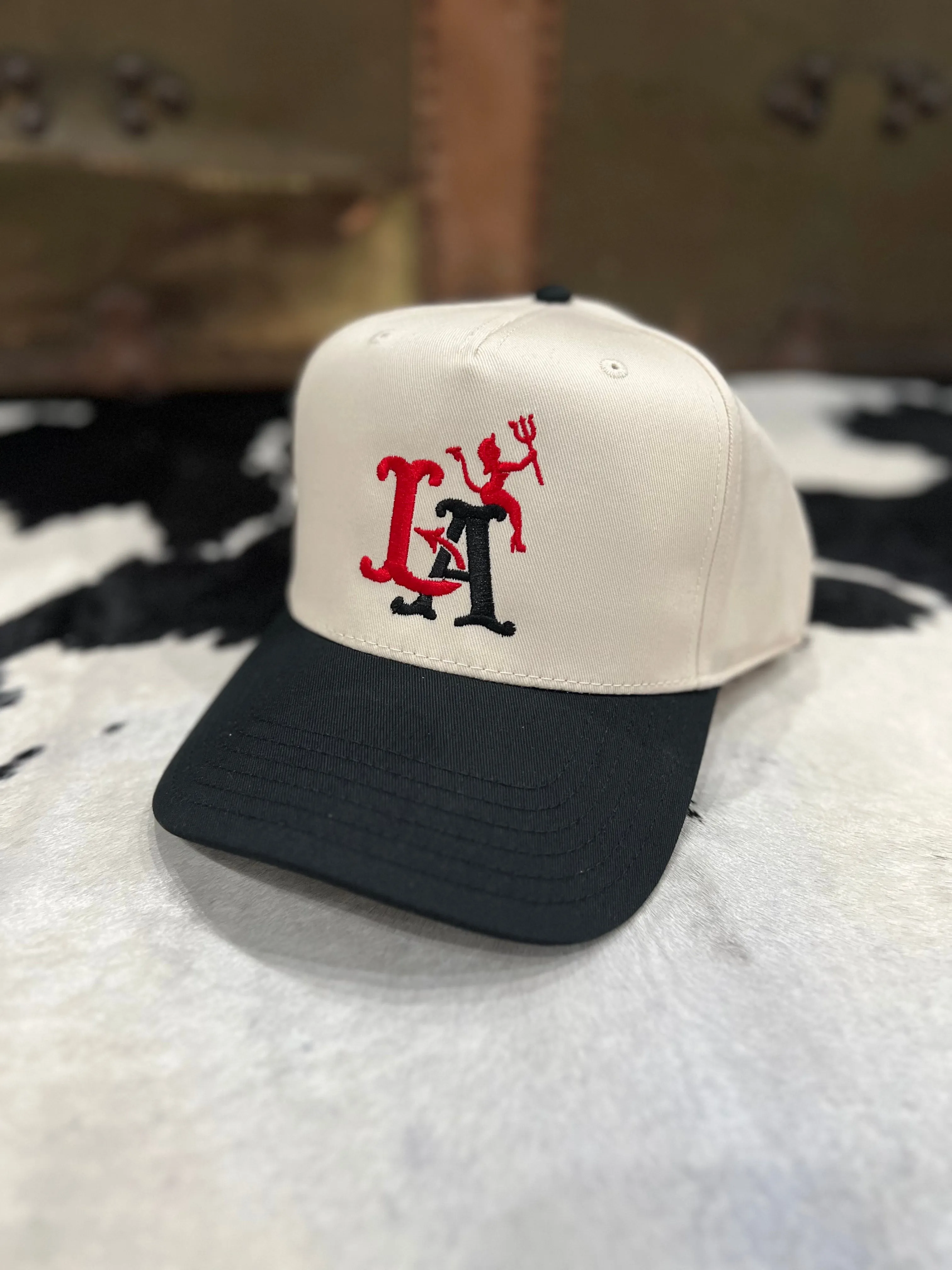Devilish 5 Panel Snap Back Cap in Natural/Black