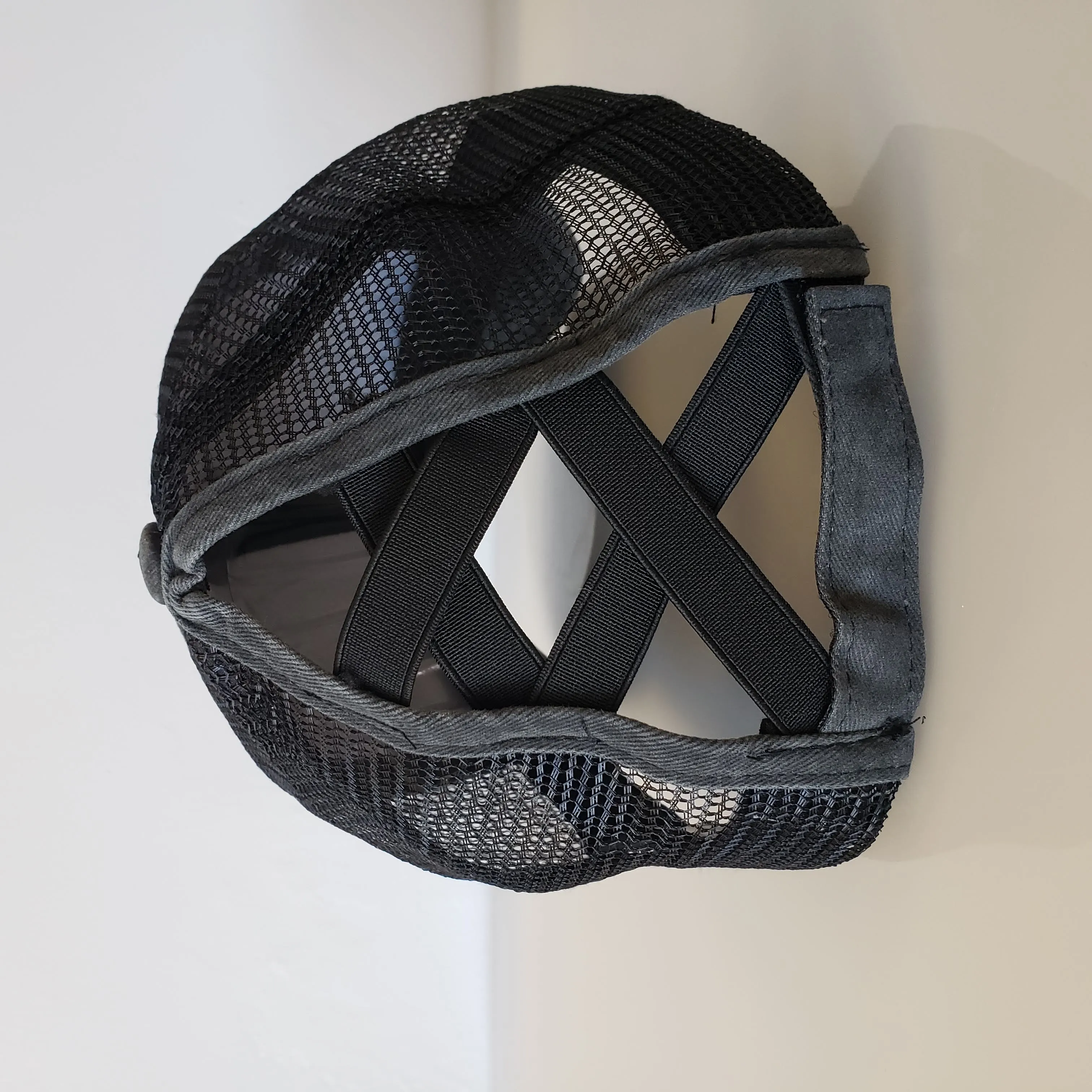 DISTRESSED Ponytail Baseball Hat - Criss Cross BLACK