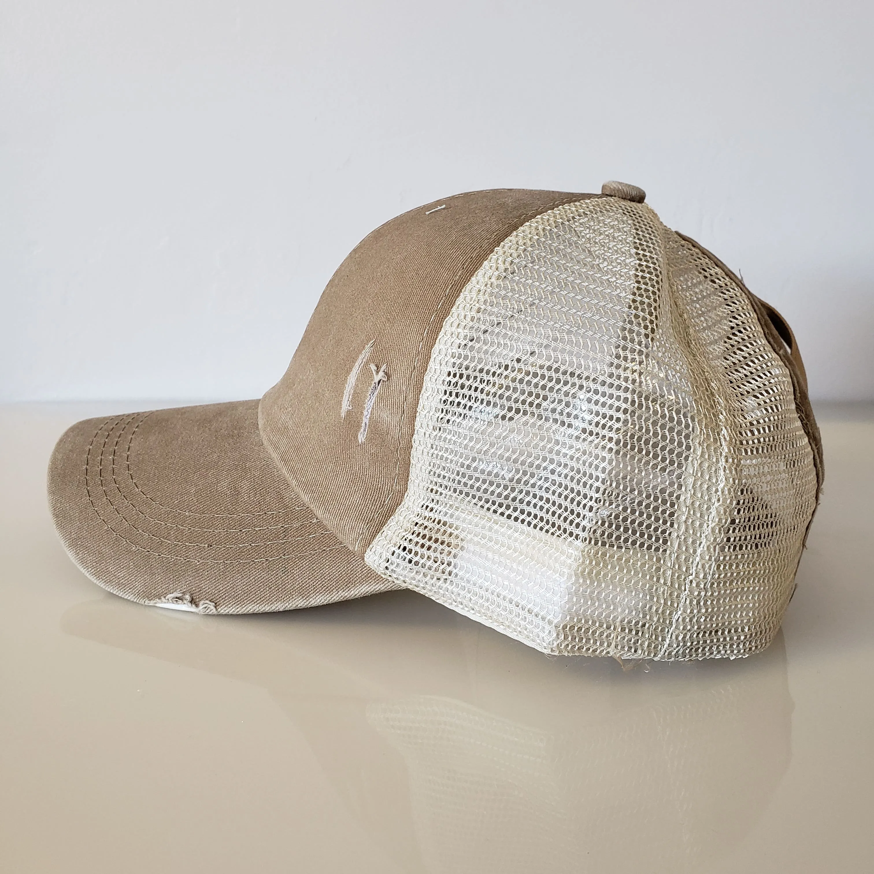 DISTRESSED Ponytail Baseball Hat - Criss Cross STONE
