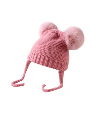 Double Pom Pom Tie Up Beanie for Baby and Toddler - Pink