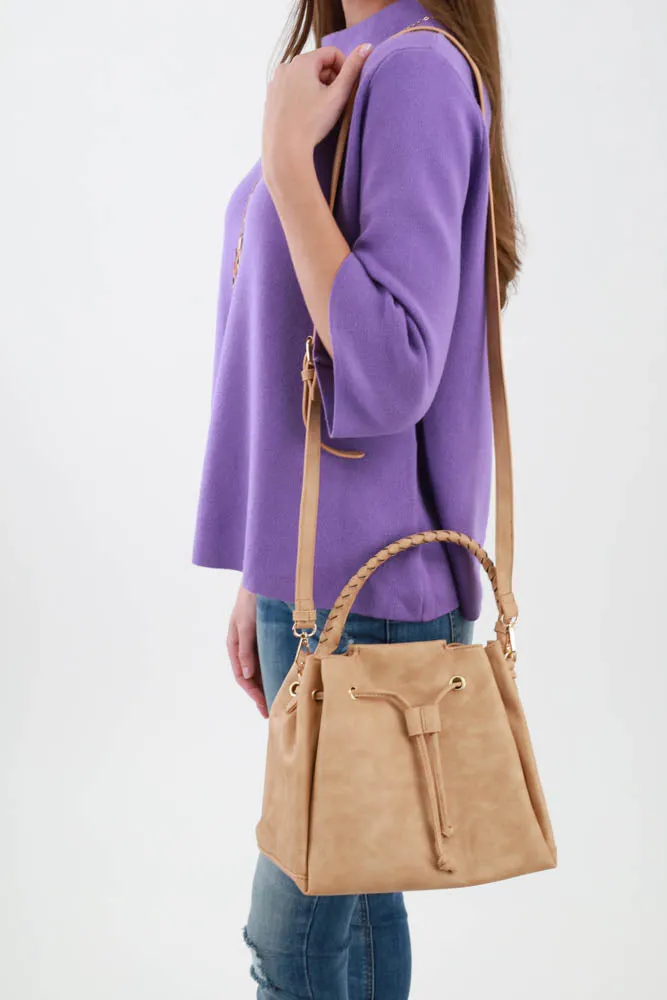 Drawstring Hobo Handbag -Tan