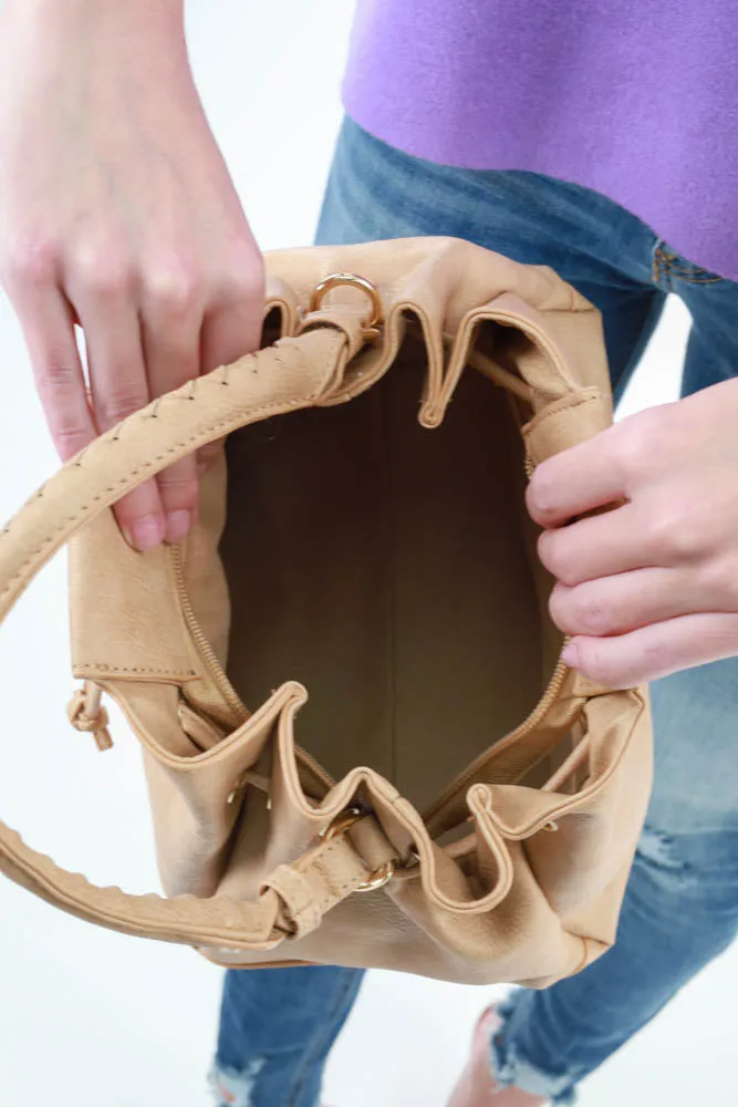 Drawstring Hobo Handbag -Tan