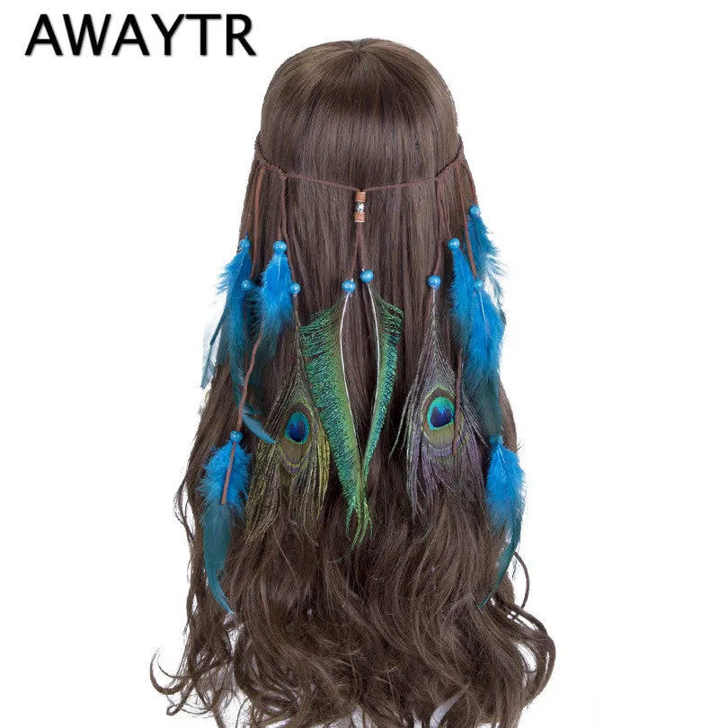 Feather Head Band AWAYTR Feather Headband Hippie Bohemian Indian Women Blue Feathers Hippy American Native Hair Accessories