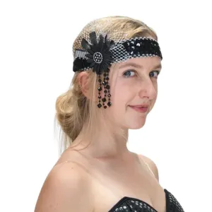 Flapper Headband with Flower - Black/Silver