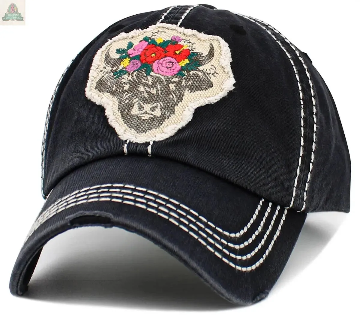 Fluffy Floral Cow Vintage Ballcap: STN