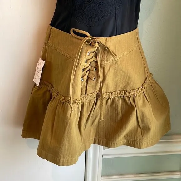 Free People Laceup Denim Mini Skirt kaki green 8
