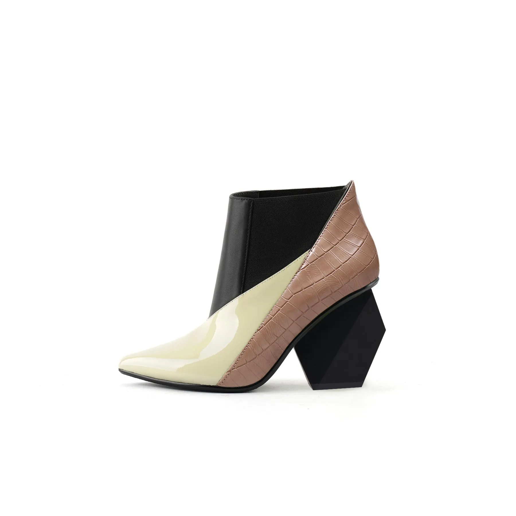 Geometry Block Heel Leather Bootie Beige