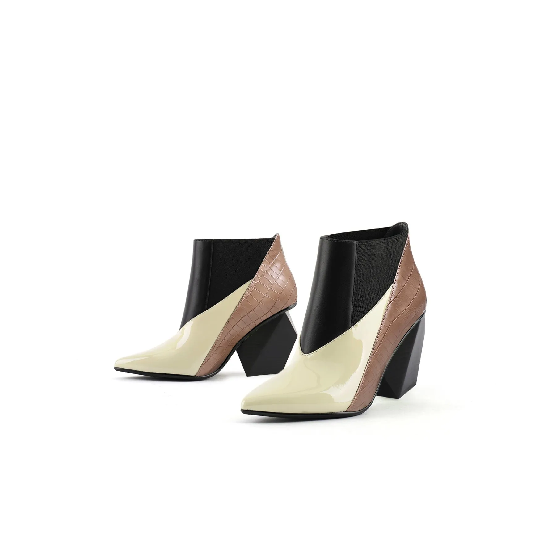 Geometry Block Heel Leather Bootie Beige