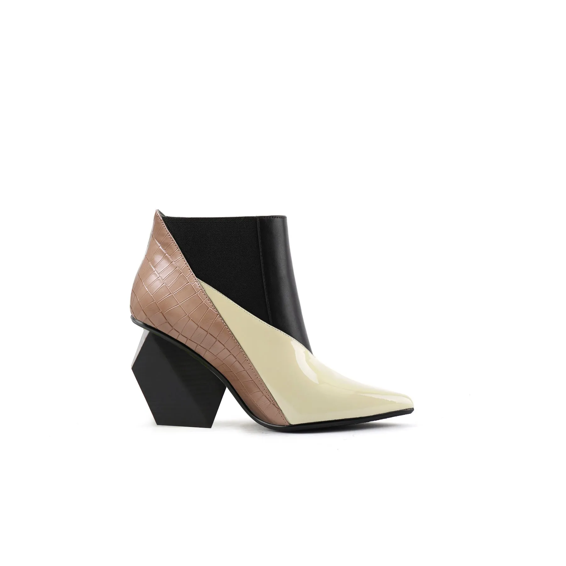 Geometry Block Heel Leather Bootie Beige