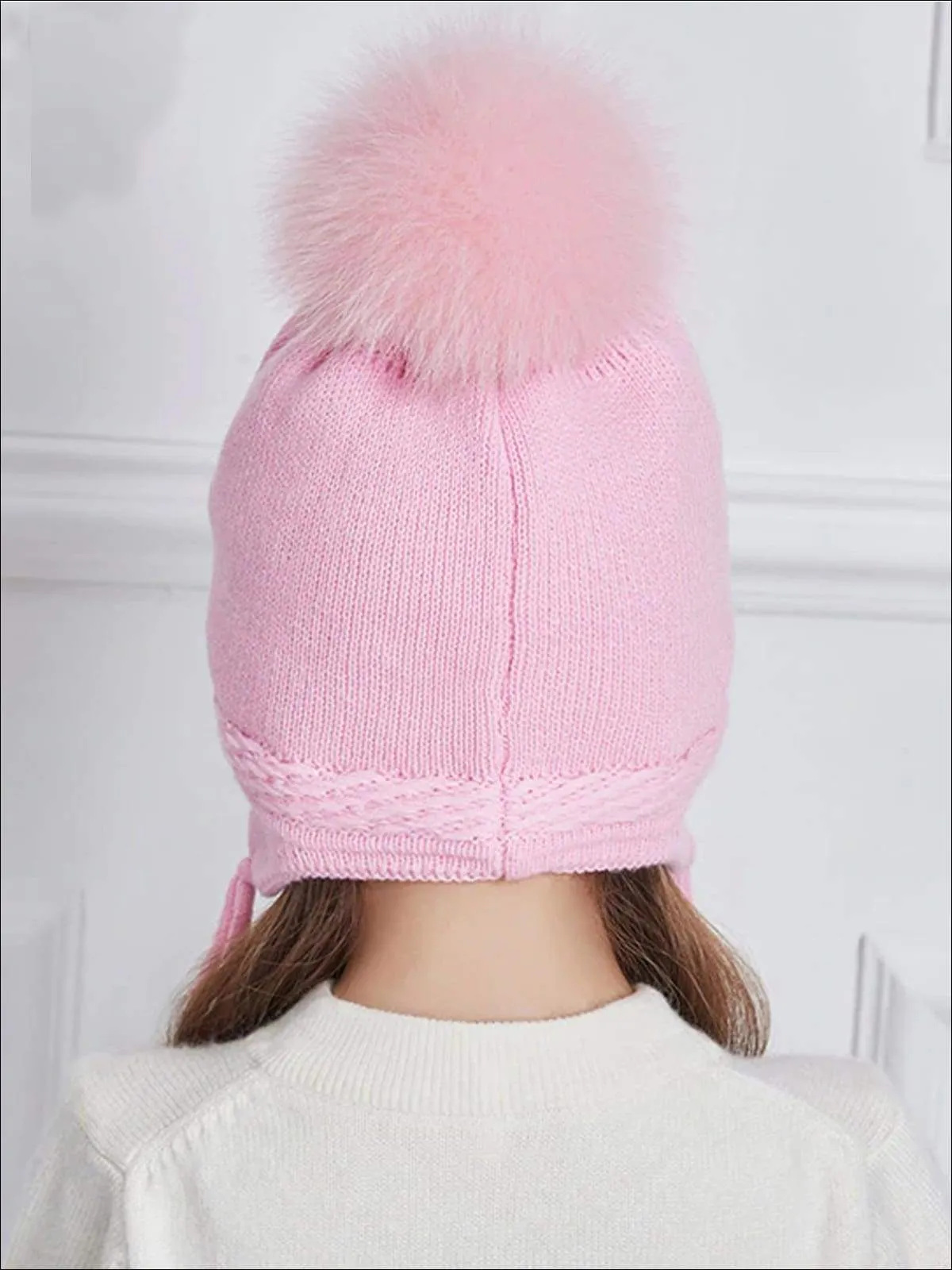 Girls Fall Knit Bow Tie Embellished Pom Pom Beanie