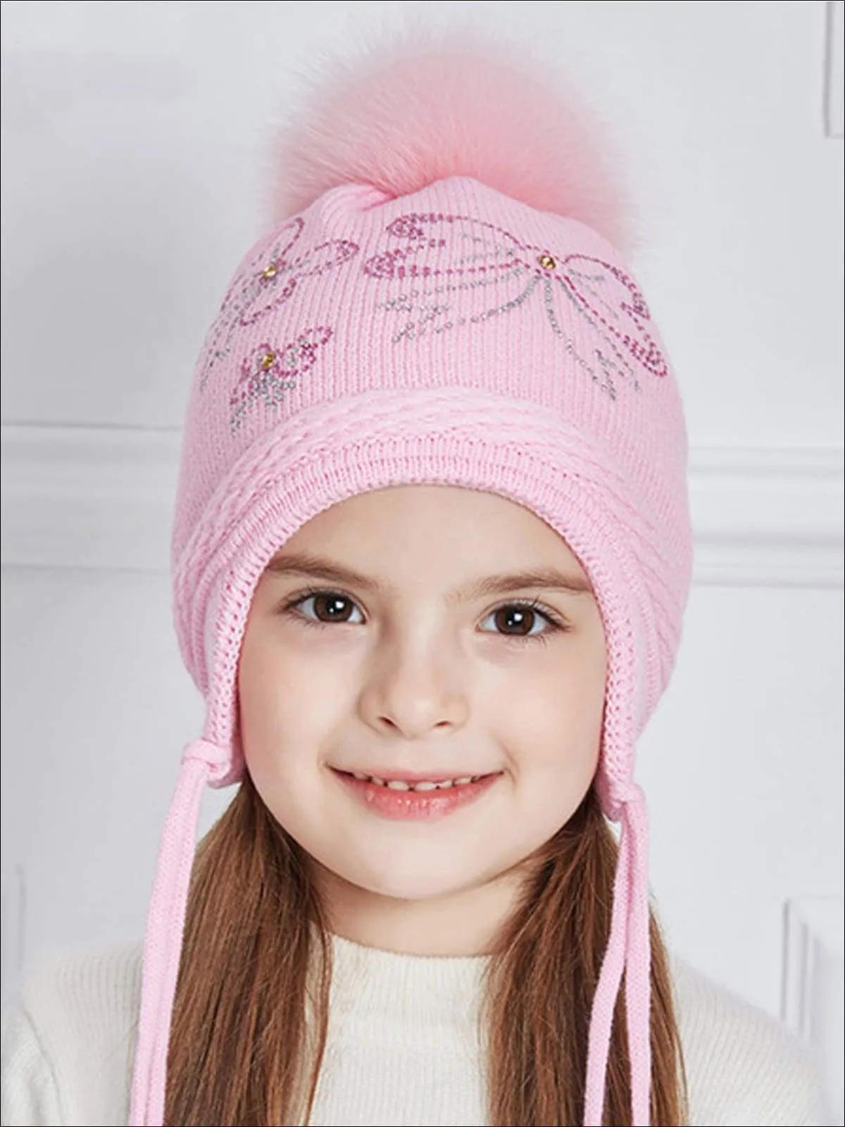 Girls Fall Knit Bow Tie Embellished Pom Pom Beanie