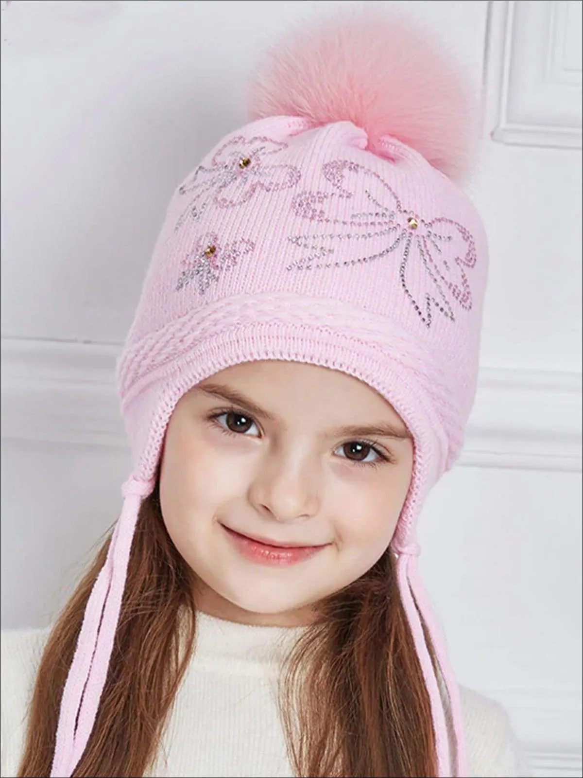 Girls Fall Knit Bow Tie Embellished Pom Pom Beanie