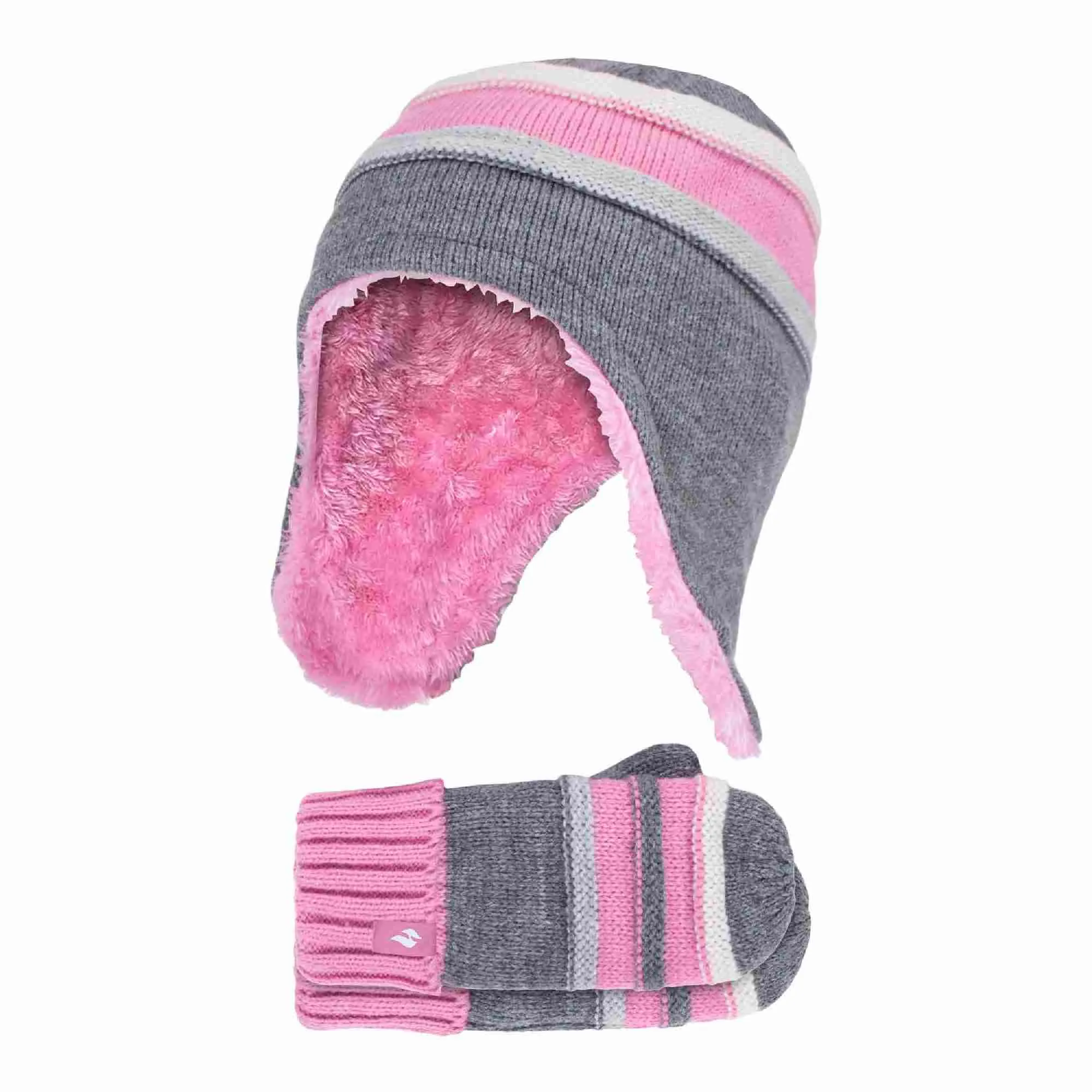 Girls Winter Thermal Beanie Hat with Ear Flaps & Mittens Gloves Set
