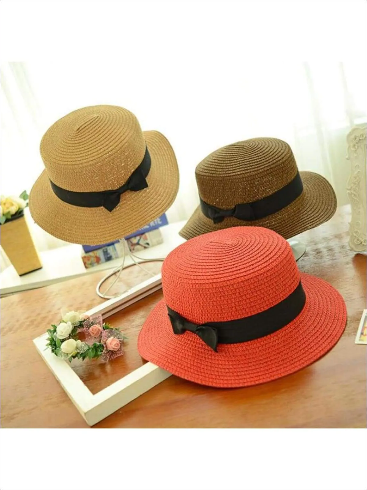 Girls Woven Straw Fedora Hat with Bow Tie (Multiple Color Options)