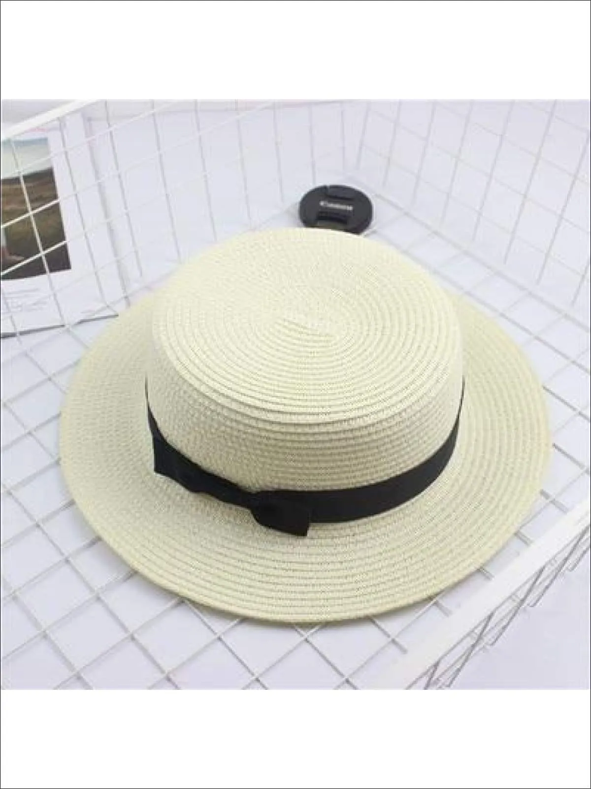 Girls Woven Straw Fedora Hat with Bow Tie (Multiple Color Options)