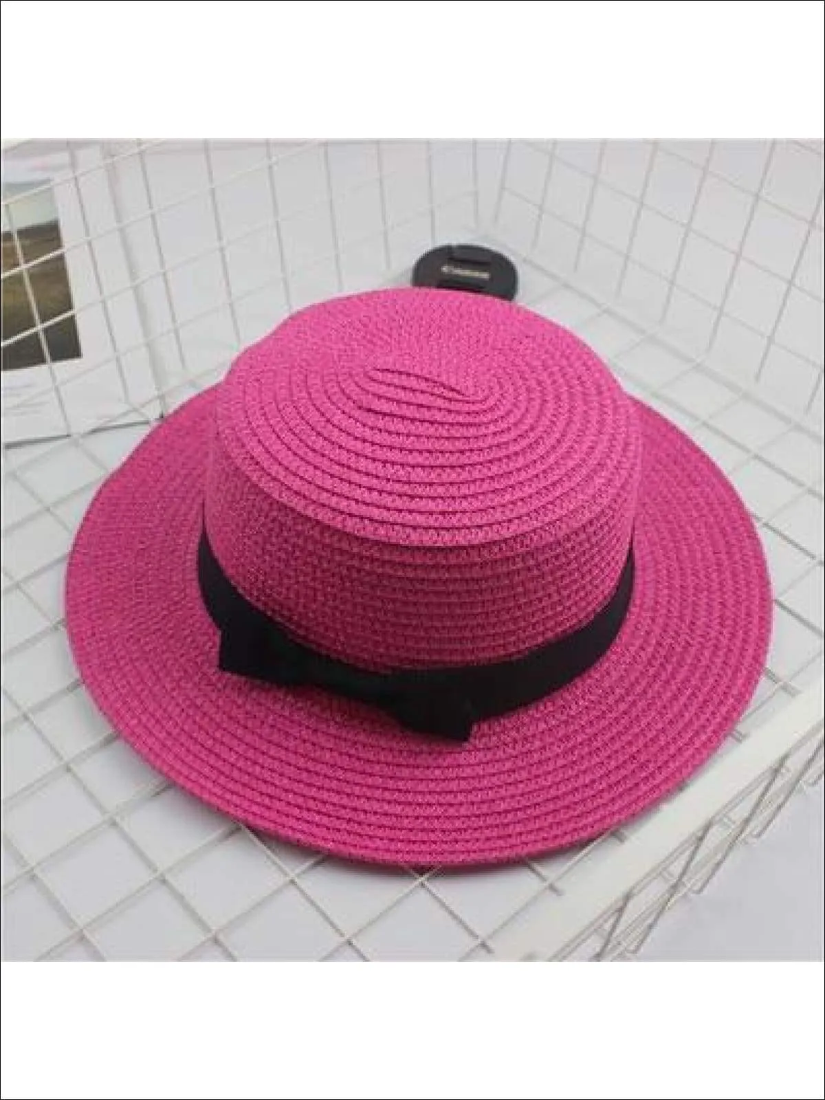 Girls Woven Straw Fedora Hat with Bow Tie (Multiple Color Options)