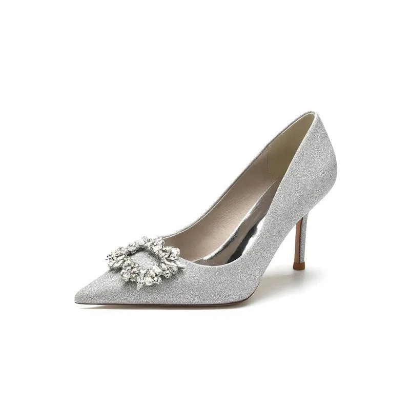 Glitter Pointed Toe Stiletto Heels With Rhinestone