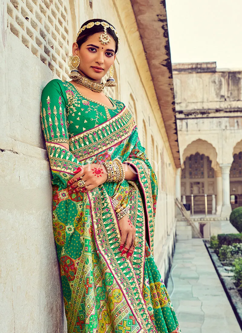 Green Embroidered Patola Silk Wedding Saree
