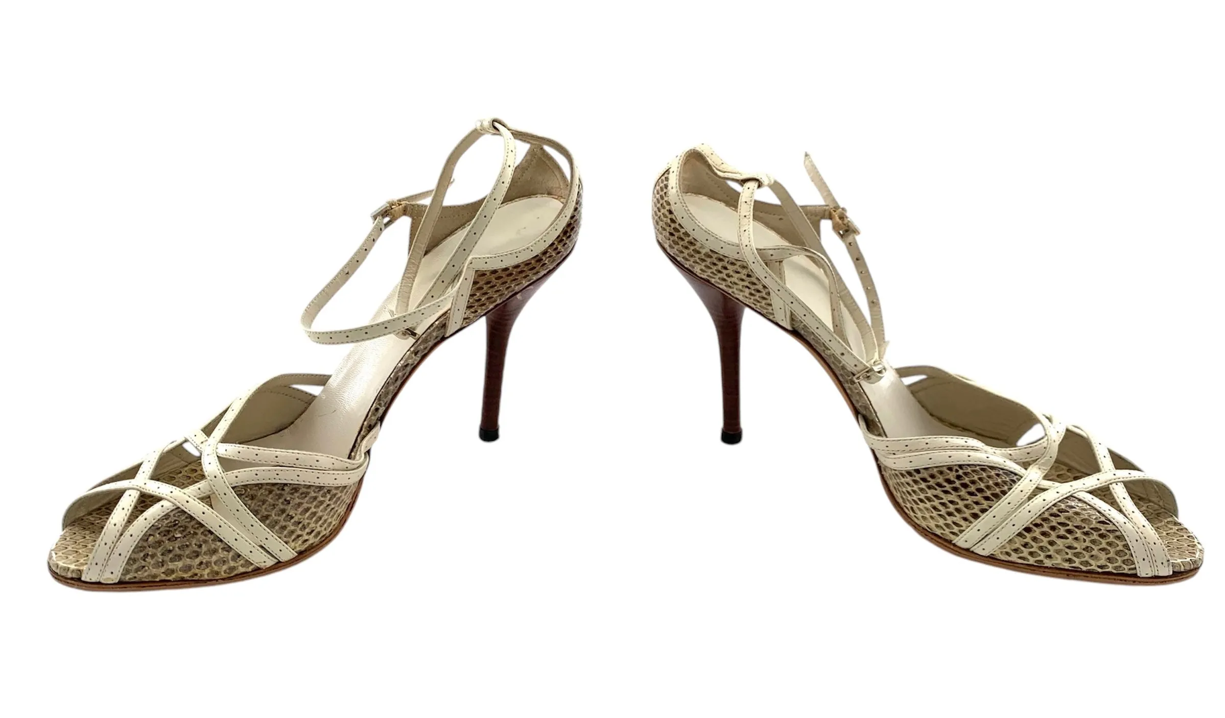 Gucci Strappy Cream Leather and Snake Skin Peep Toe Sandal Heels